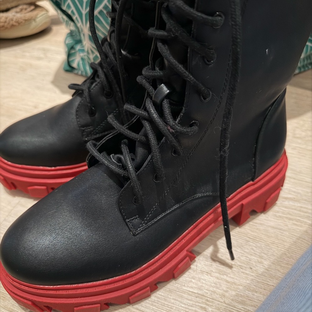 Black and Red Women's Lace-Up combat Boots - Picture 3 of 8